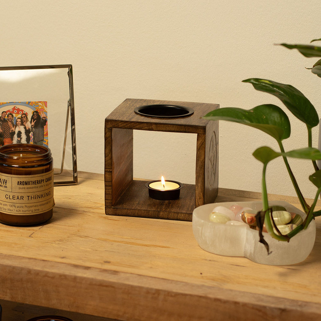 Large Square Mango Wood Oil Burner - Pentagon