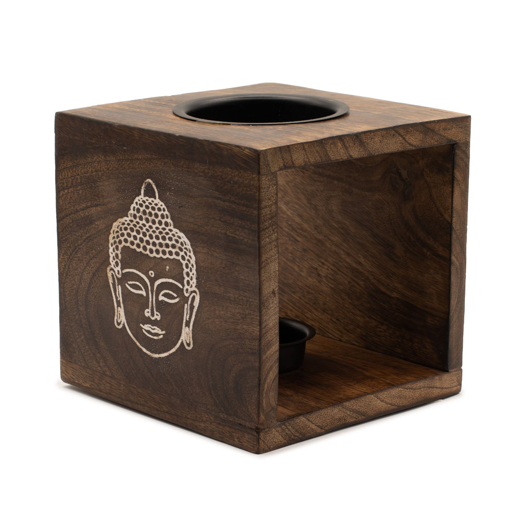 Large Square Mango Wood Oil Burner - Buddha Face