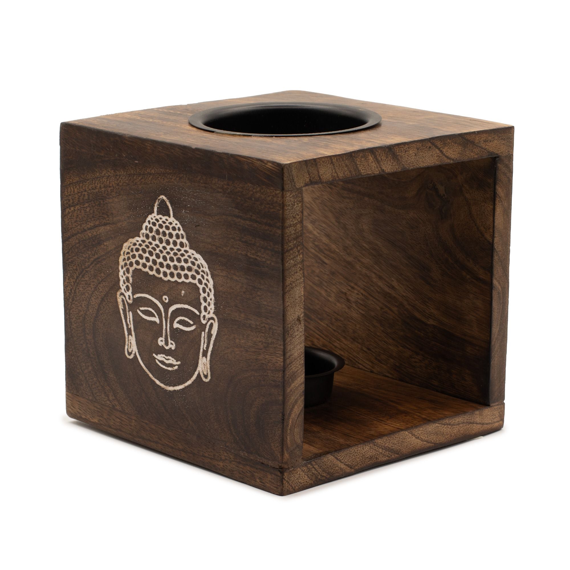 Large Square Mango Wood Oil Burner - Buddha Face