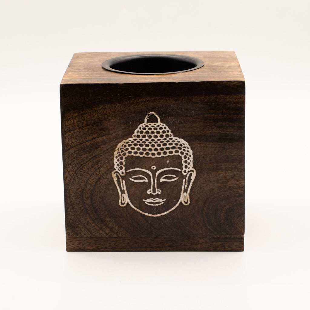 Large Square Mango Wood Oil Burner - Buddha Face