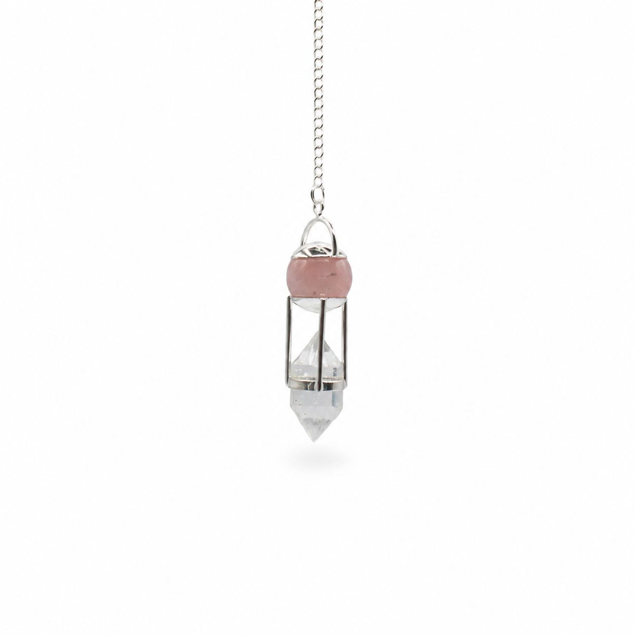 The Heart Whisperer - Double Power Pendulum - Rose Quartz Globe - Clear Quartz Double Terminated