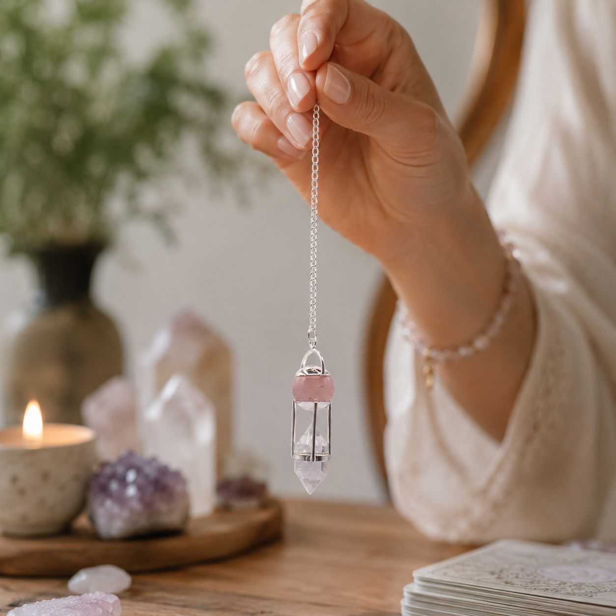 The Heart Whisperer - Double Power Pendulum - Rose Quartz Globe - Clear Quartz Double Terminated