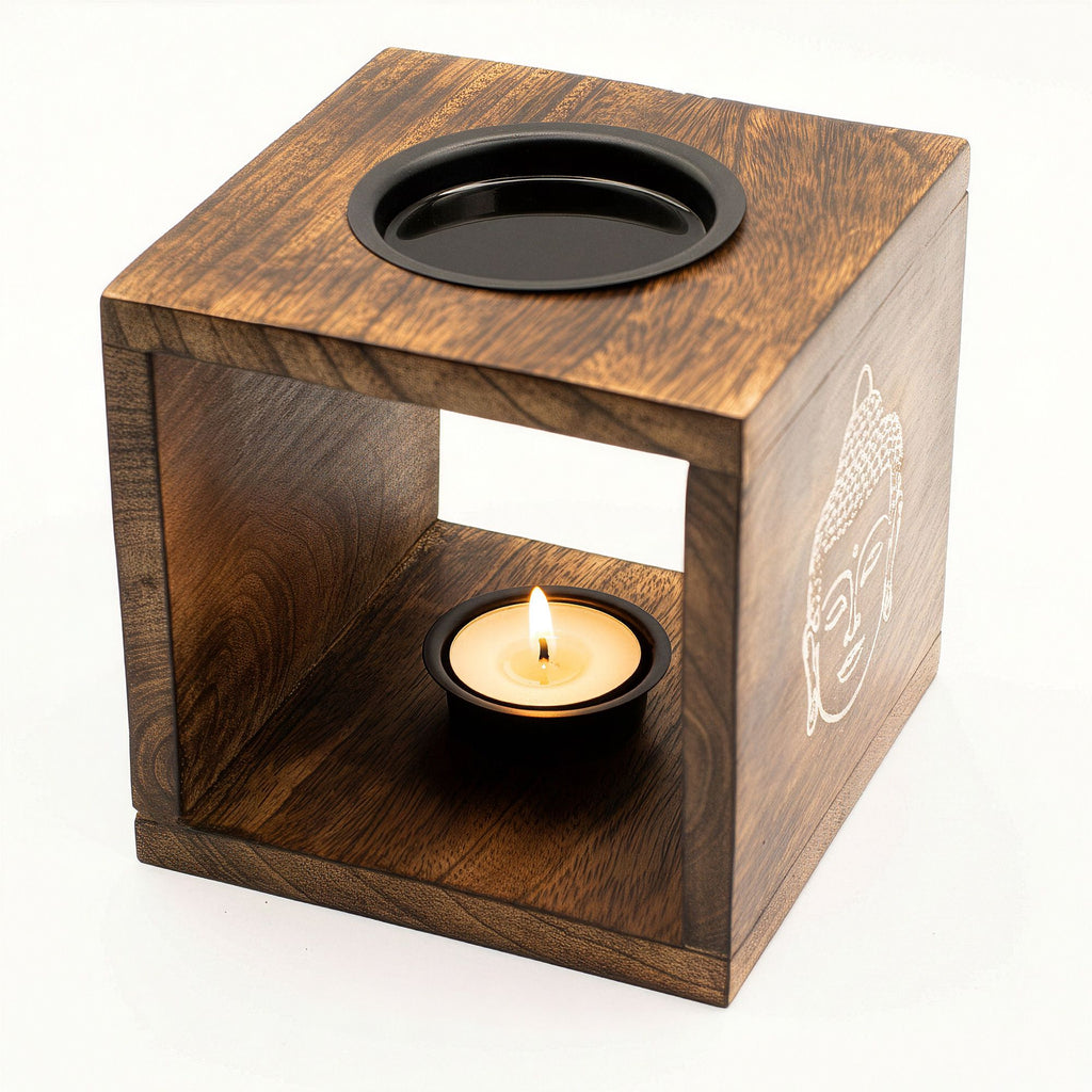 Large Square Mango Wood Oil Burner - Buddha Face