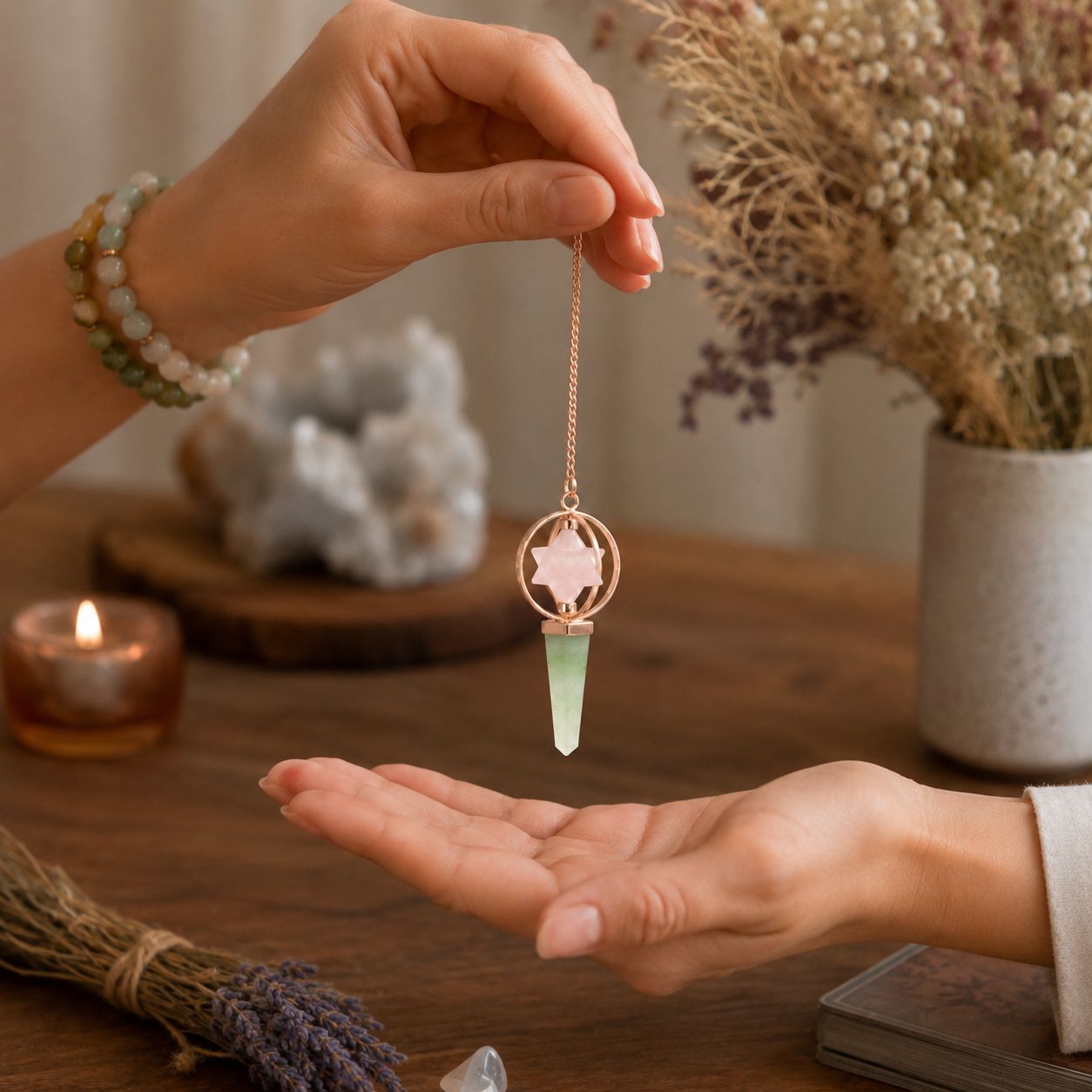 Heart Compass - Two Piece Spinning Merkaba Star in Copper Pendulum - Rose Quartz & Green Aventurine