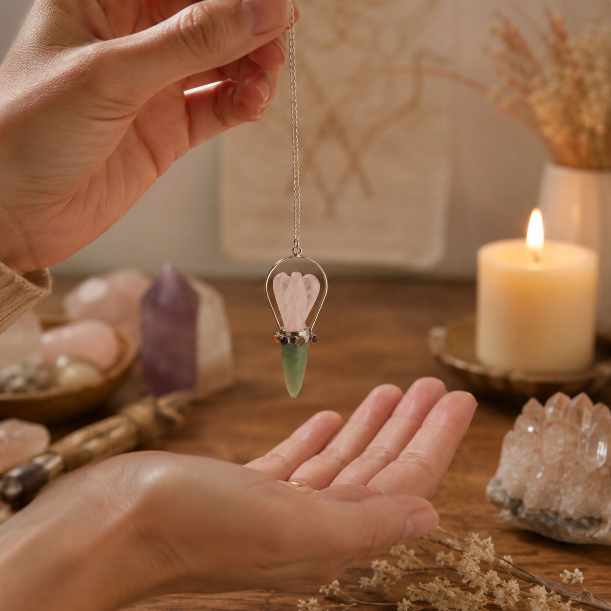 The Heart Oracle - Two Piece Angel Pendulum - Chakra Band - Rose Quartz & Green Aventurine