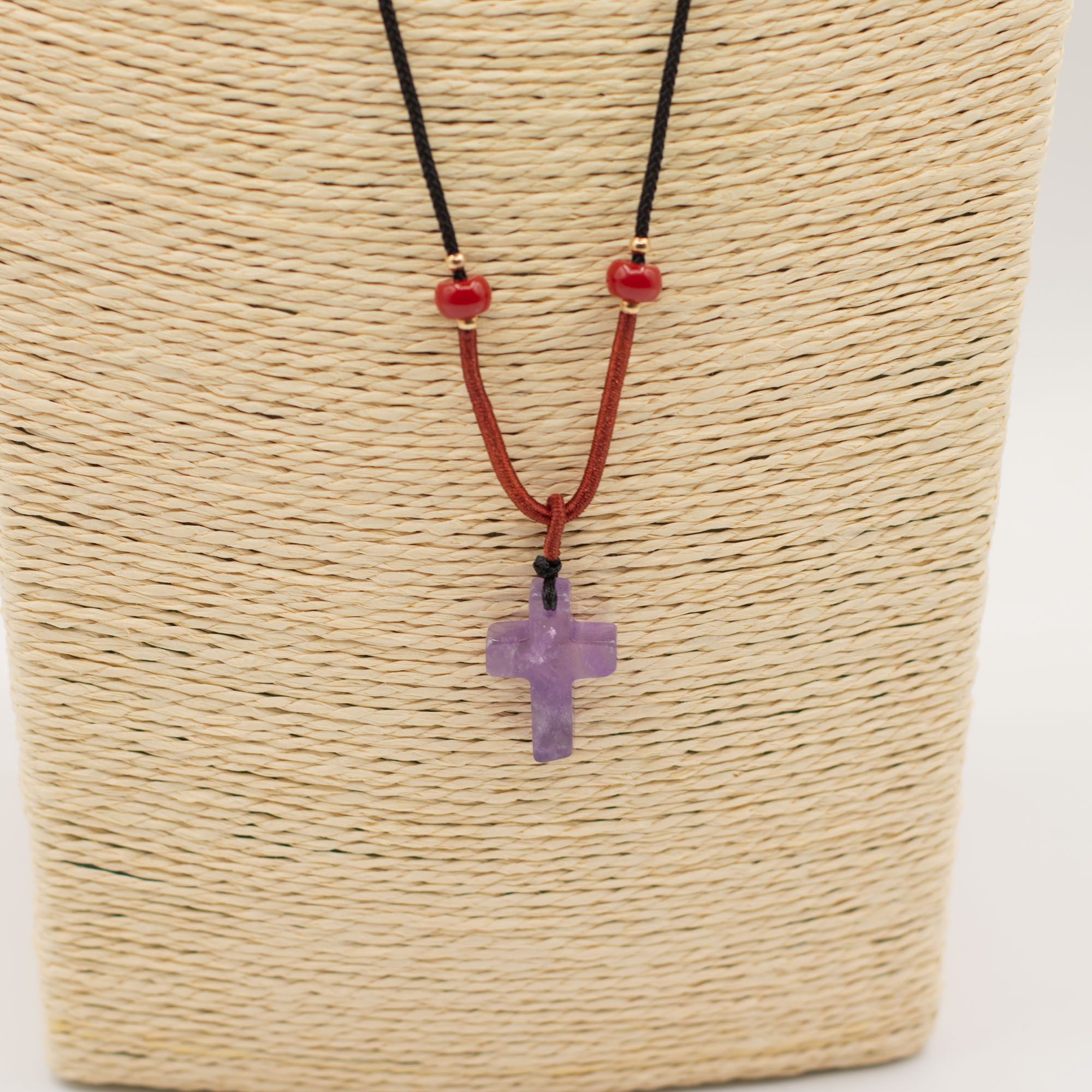Cord Necklace Gemstone Pendant - Amethyst Cross