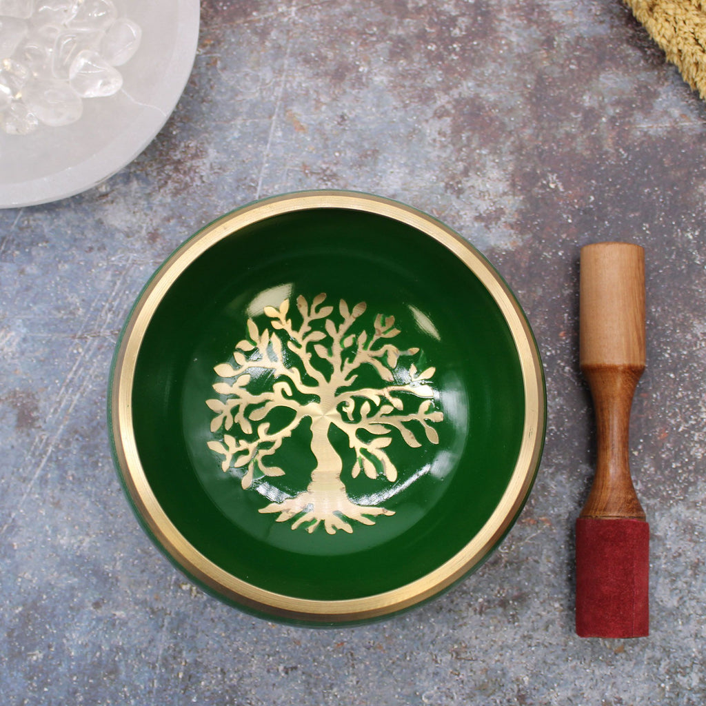 Lrg Tree of Life Singing Bowl Set - Green 14cm