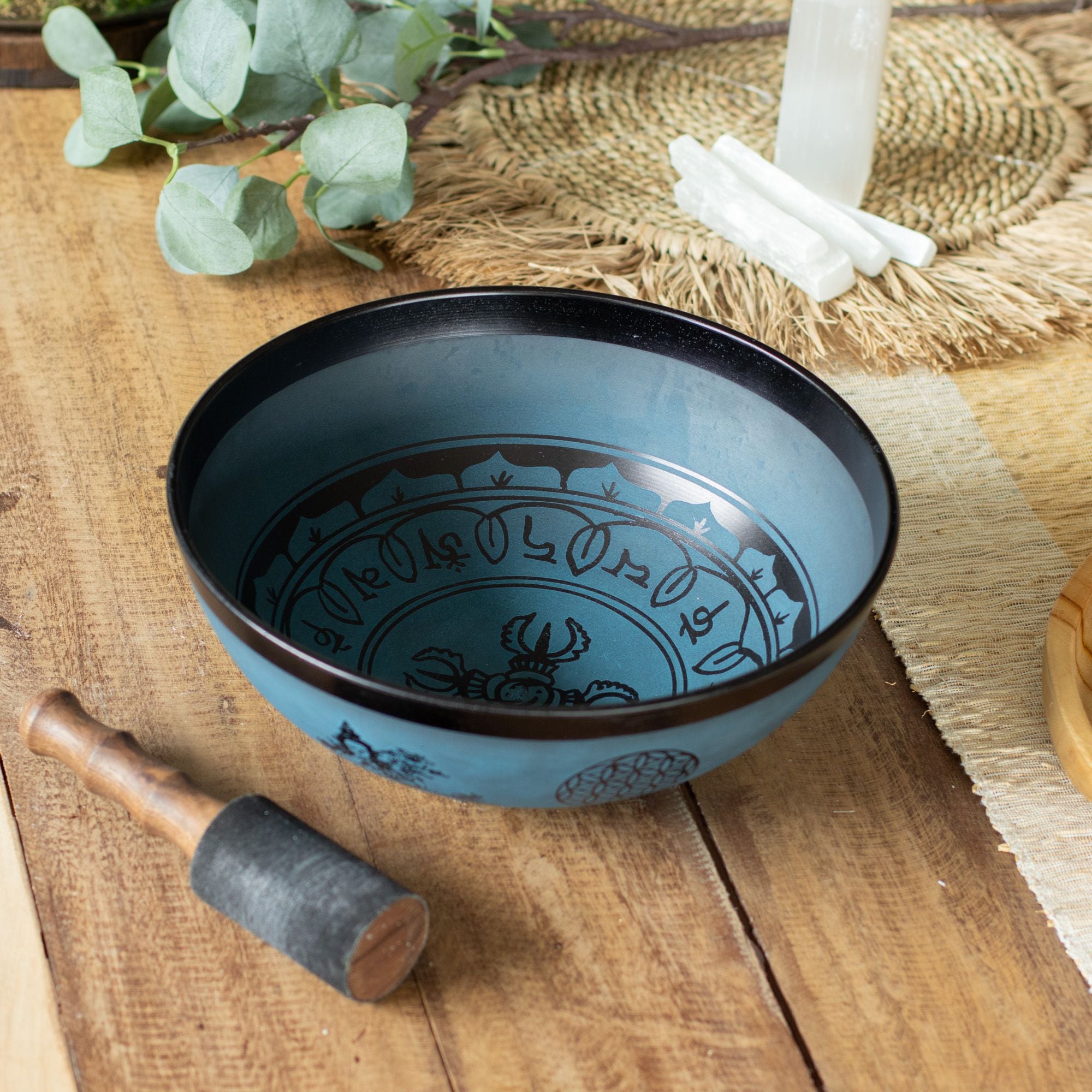 Large Aluminium Singing Bowl - Tibetan Double Dorje Design - Blue (27cm)