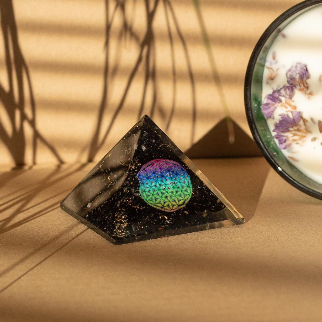 Small Orgonite Pyramids 5.5x4.5cm - Flower of Life - Black Tourmaline Chips