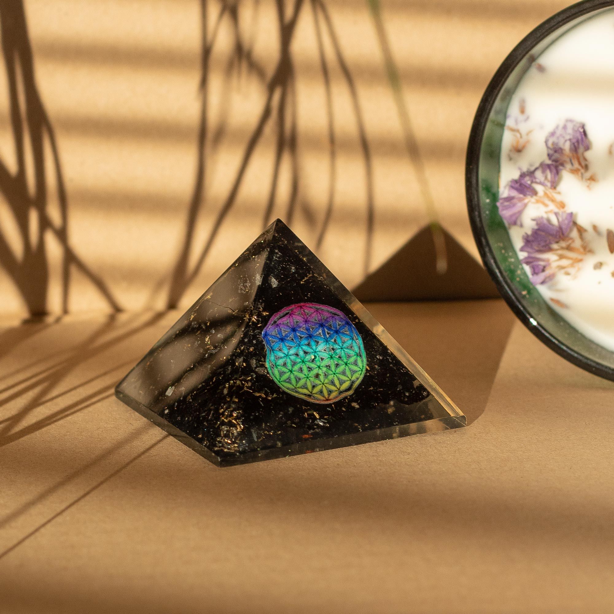 Small Orgonite Pyramids 5.5x4.5cm - Flower of Life - Black Tourmaline Chips