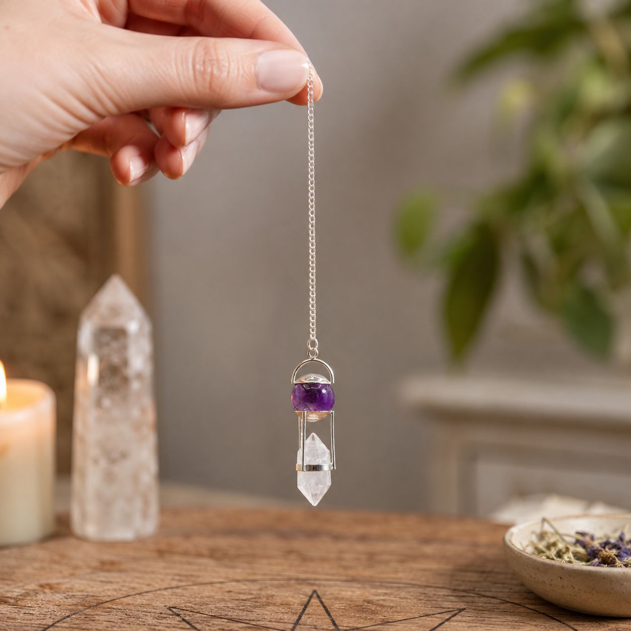 Seeker of Truth - Double Power Pendulum - Amethyst Globe - Clear Quartz Double Terminated