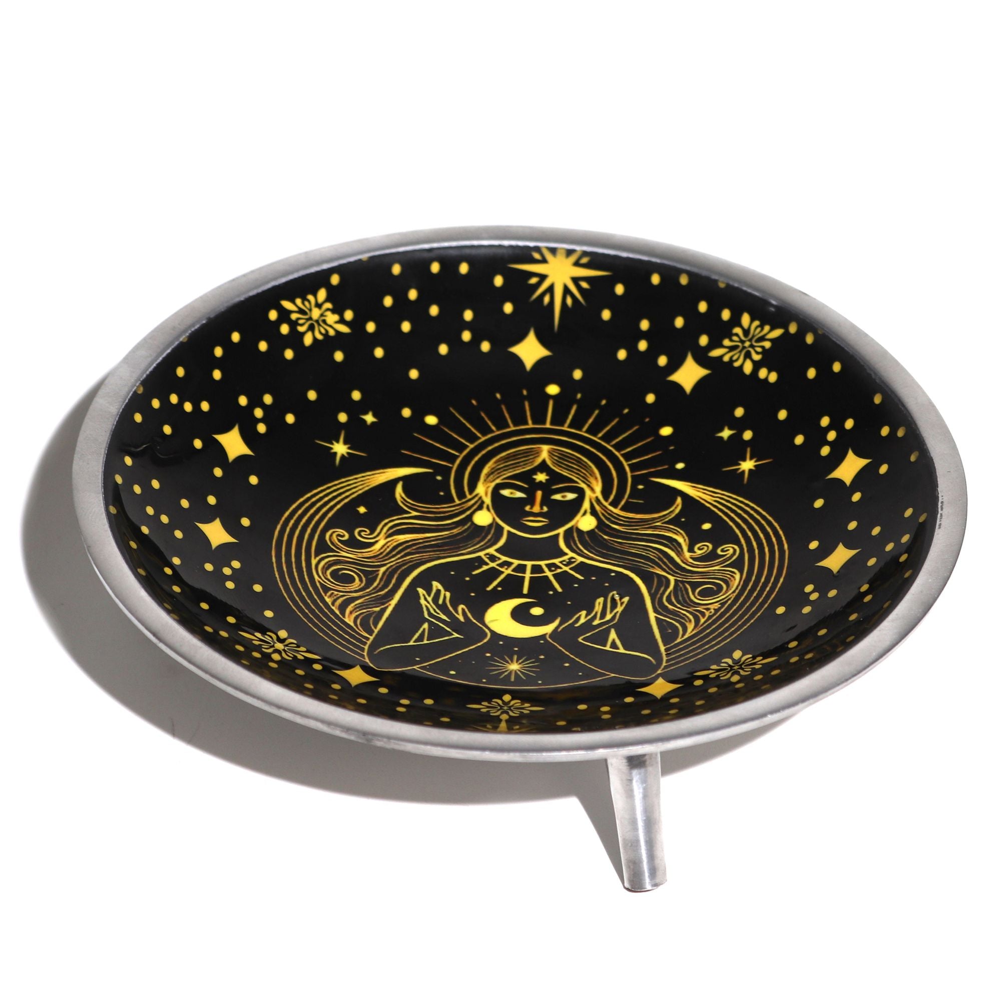 Triple Leg Enamelled Offering Plate - Gold Goddess on Black