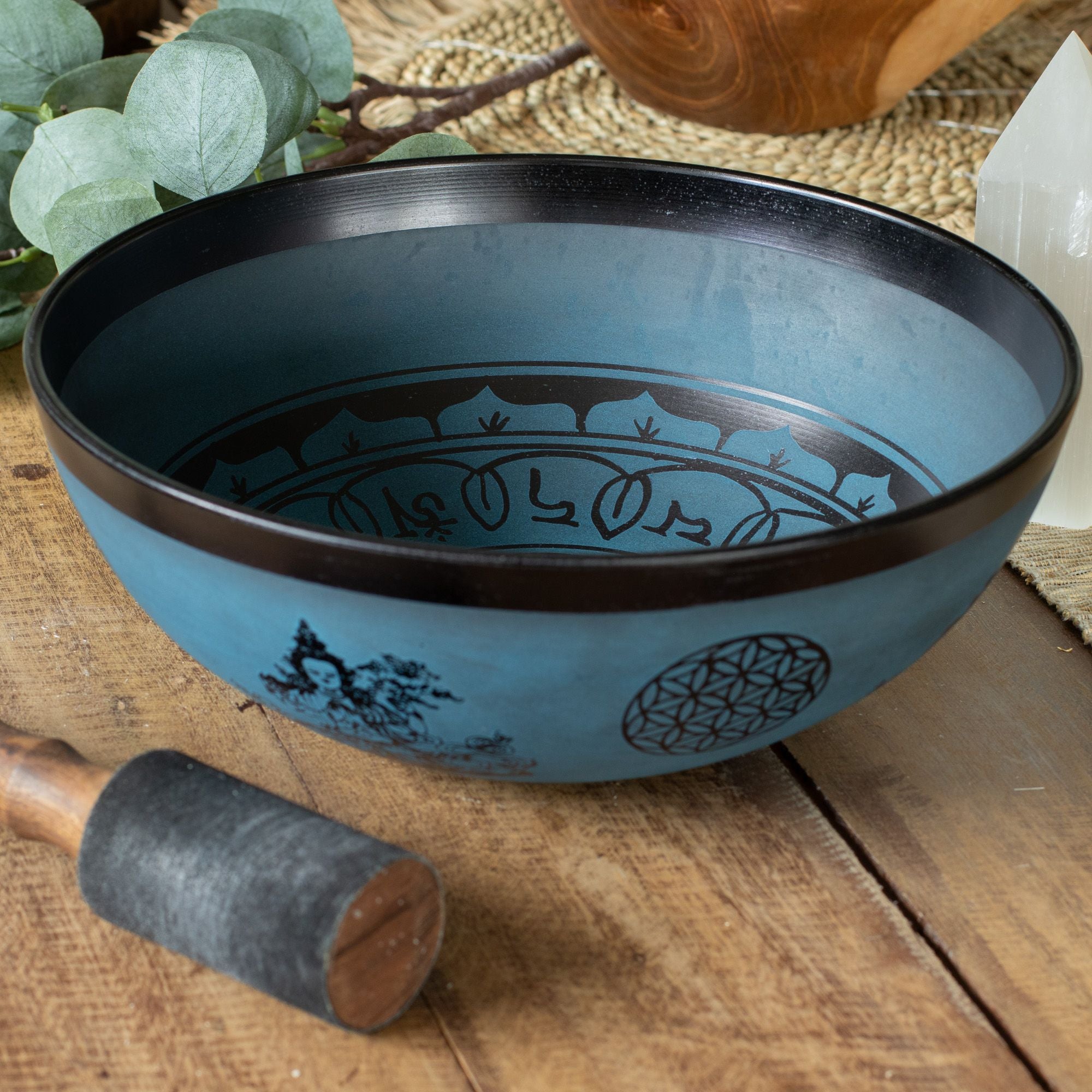 Large Aluminium Singing Bowl - Tibetan Double Dorje Design - Blue (27cm)