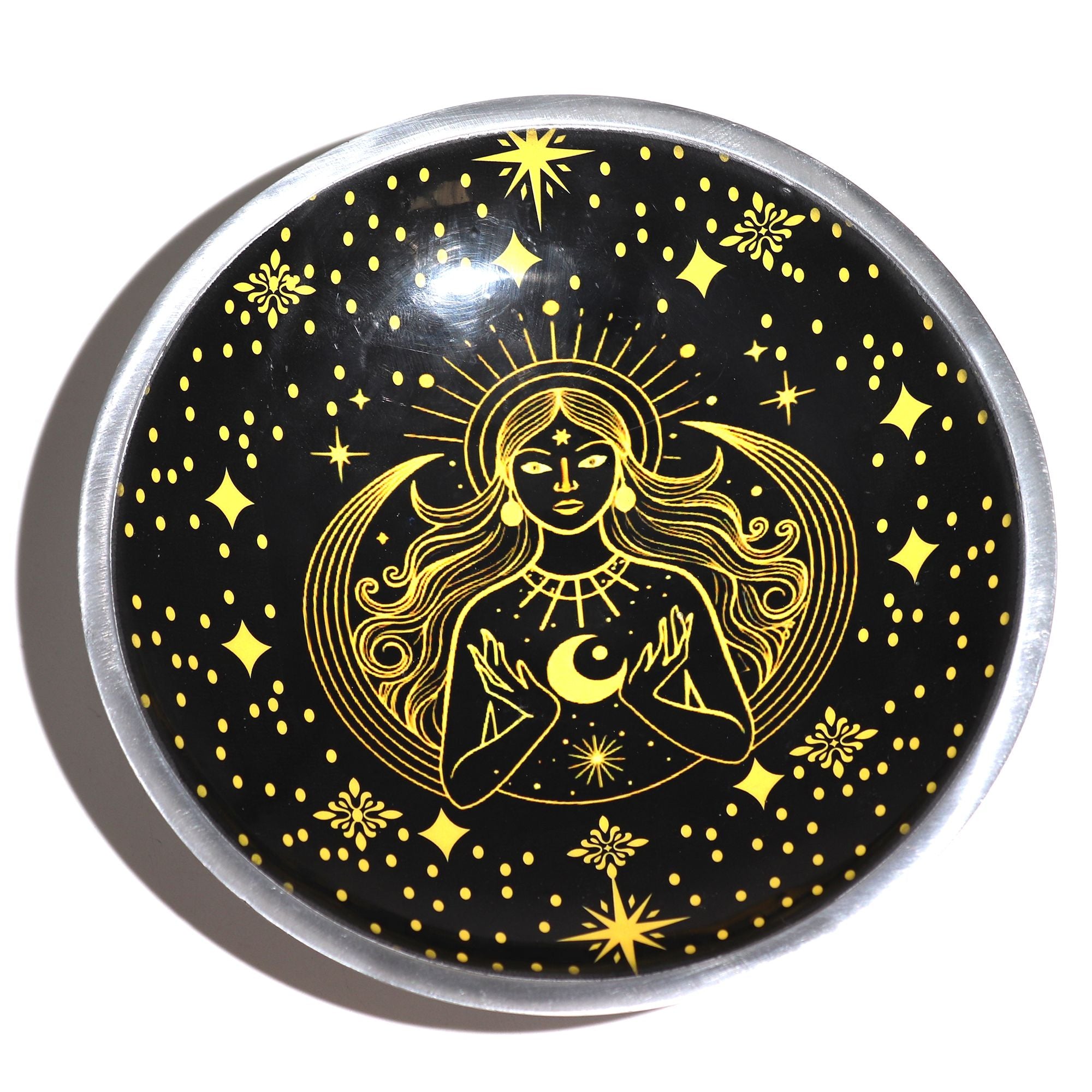 Triple Leg Enamelled Offering Plate - Gold Goddess on Black