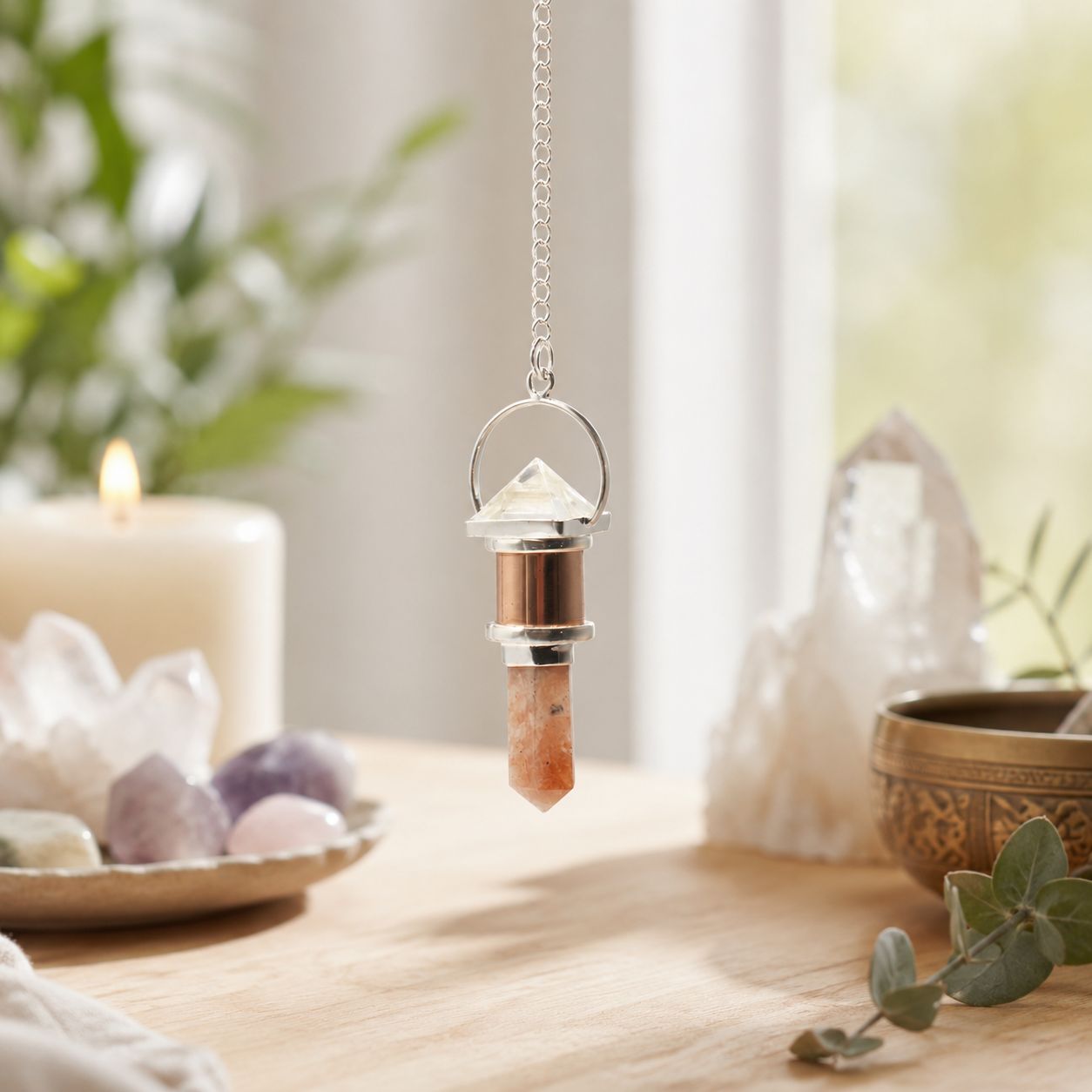 The Moon Chamber - Combo Piece Copper Pendulum - Clear Quartz & Sunstone