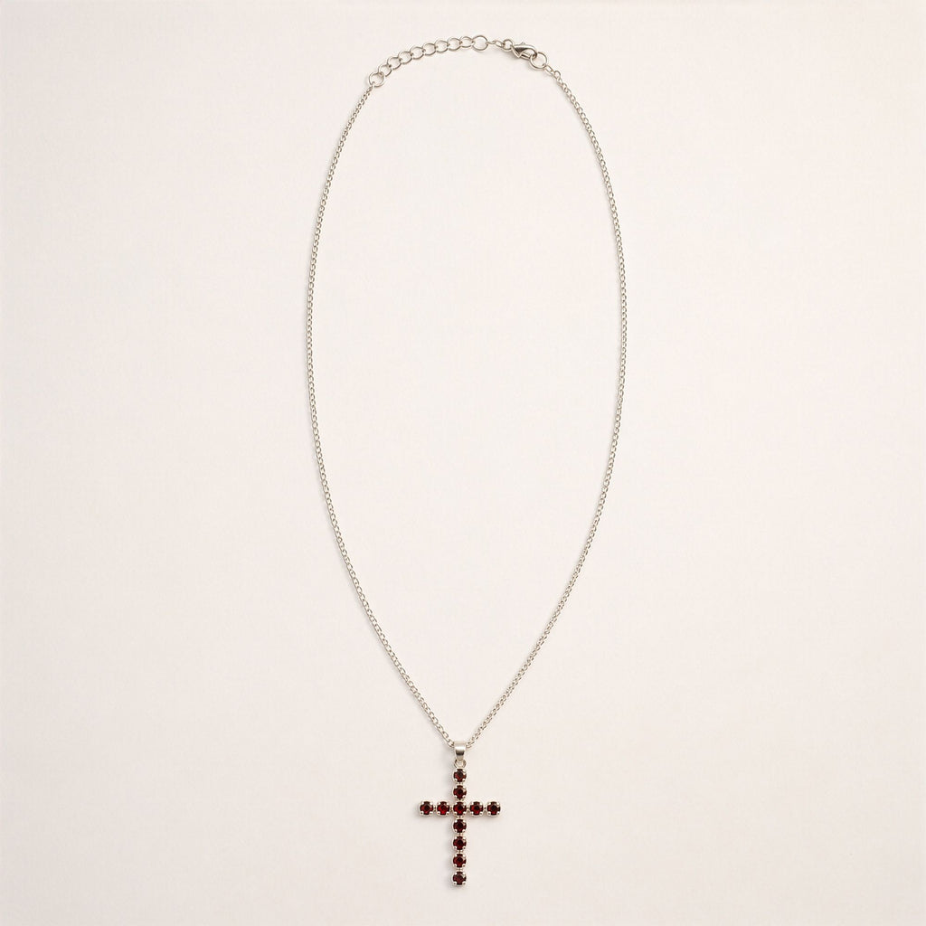 Indian Devotional Pendant - Silver Plated (45cm Chain) - Garnet Crucifix