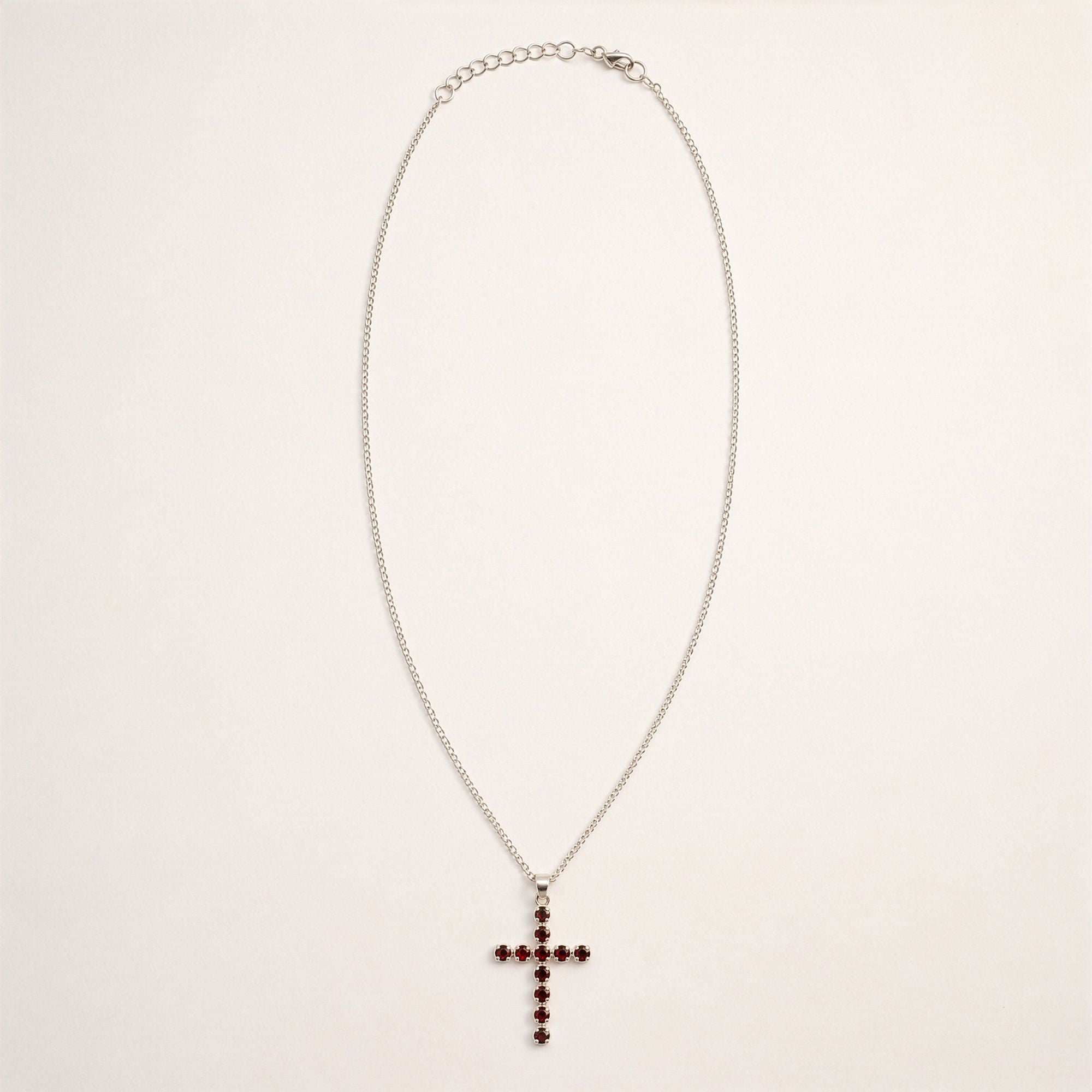 Indian Devotional Pendant - Silver Plated (45cm Chain) - Garnet Crucifix