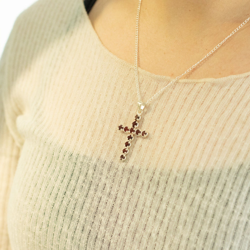 Indian Devotional Pendant - Silver Plated (45cm Chain) - Garnet Crucifix