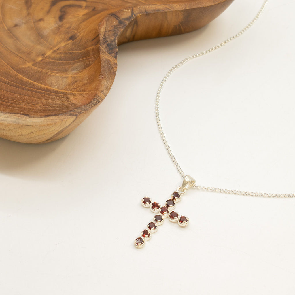 Indian Devotional Pendant - Silver Plated (45cm Chain) - Garnet Crucifix