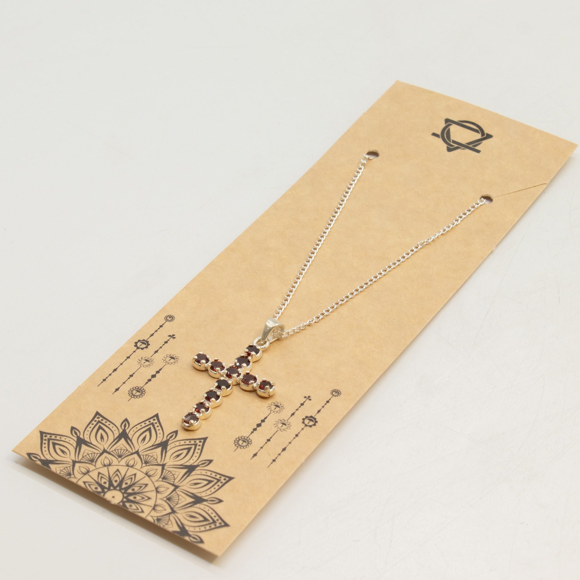 Indian Devotional Pendant - Silver Plated (45cm Chain) - Garnet Crucifix