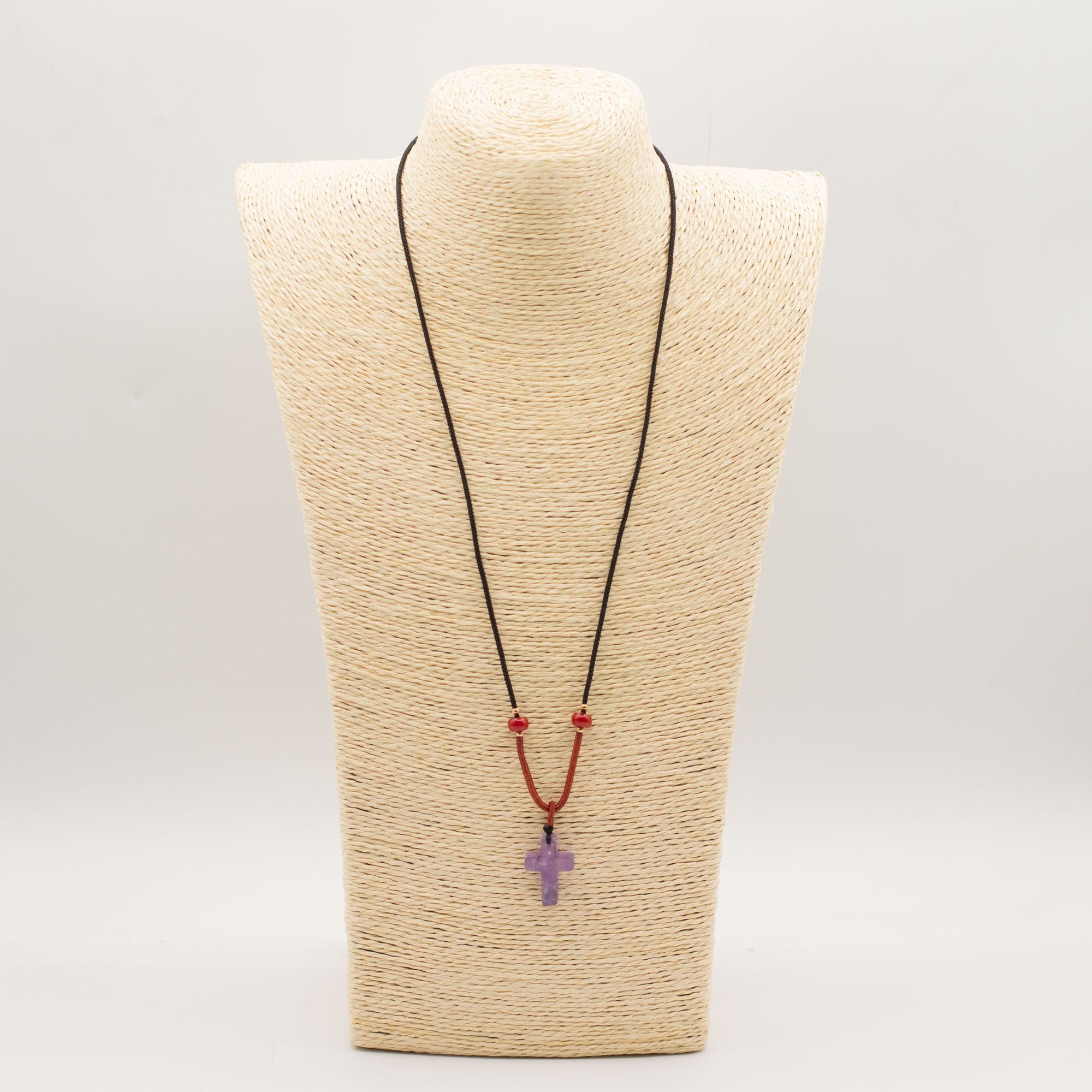 Cord Necklace Gemstone Pendant - Amethyst Cross